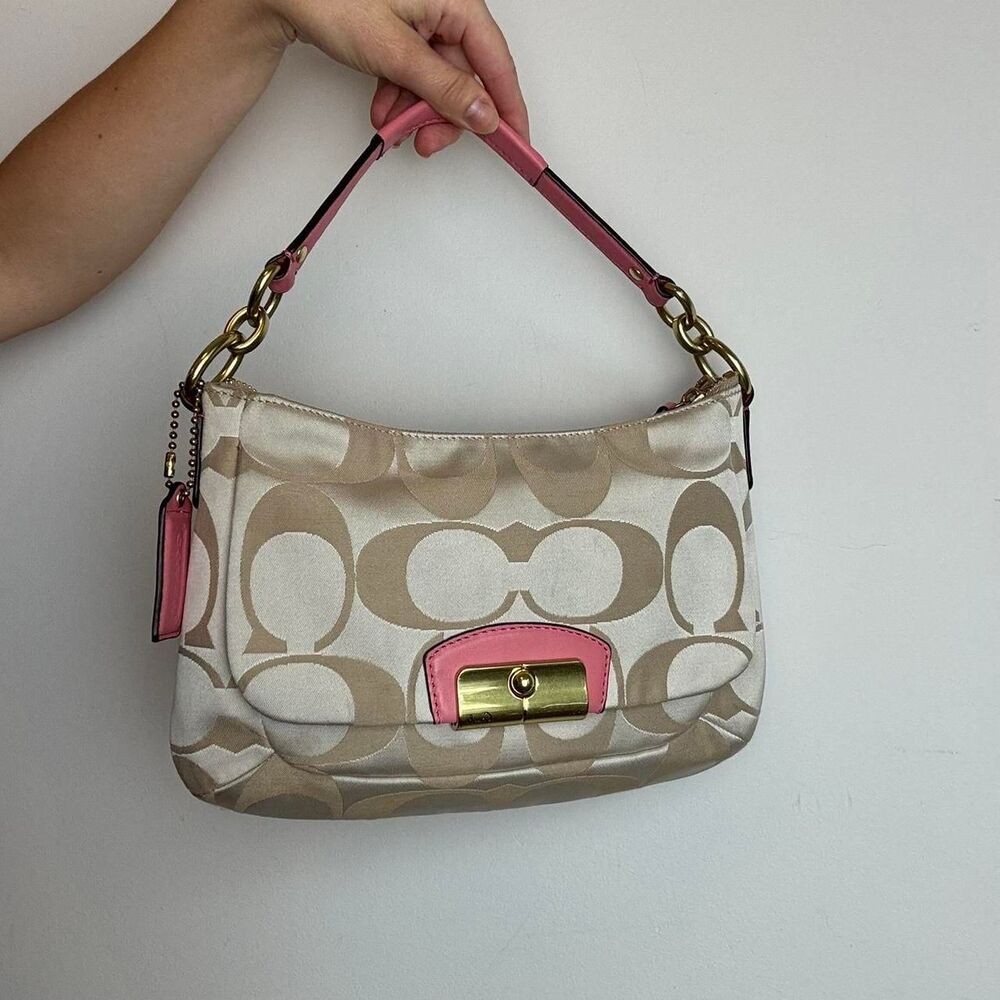 Coach Vintage Y2K Tan and Pink Signature Canvas and Leather Shoulder Bag